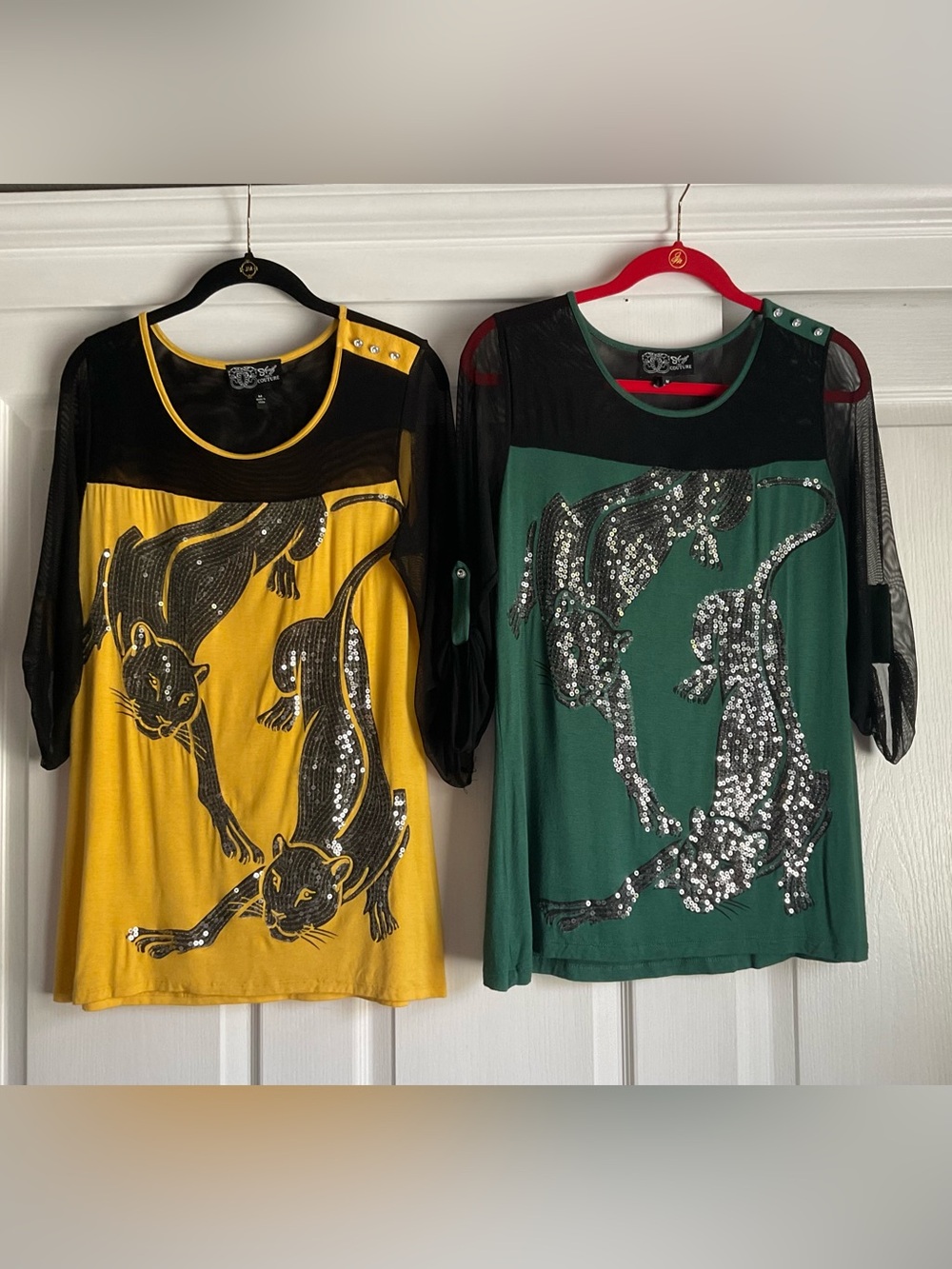TWO Sharif Coulture Sequined Feline Shirts Tops